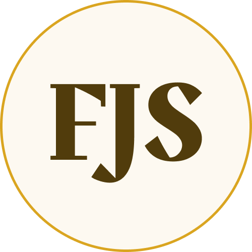 Bold brown letters "FJS" inside a white circle with a thin gold border.