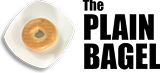 A plain bagel on a white plate next to bold black text that reads “The PLAIN BAGEL.”.
